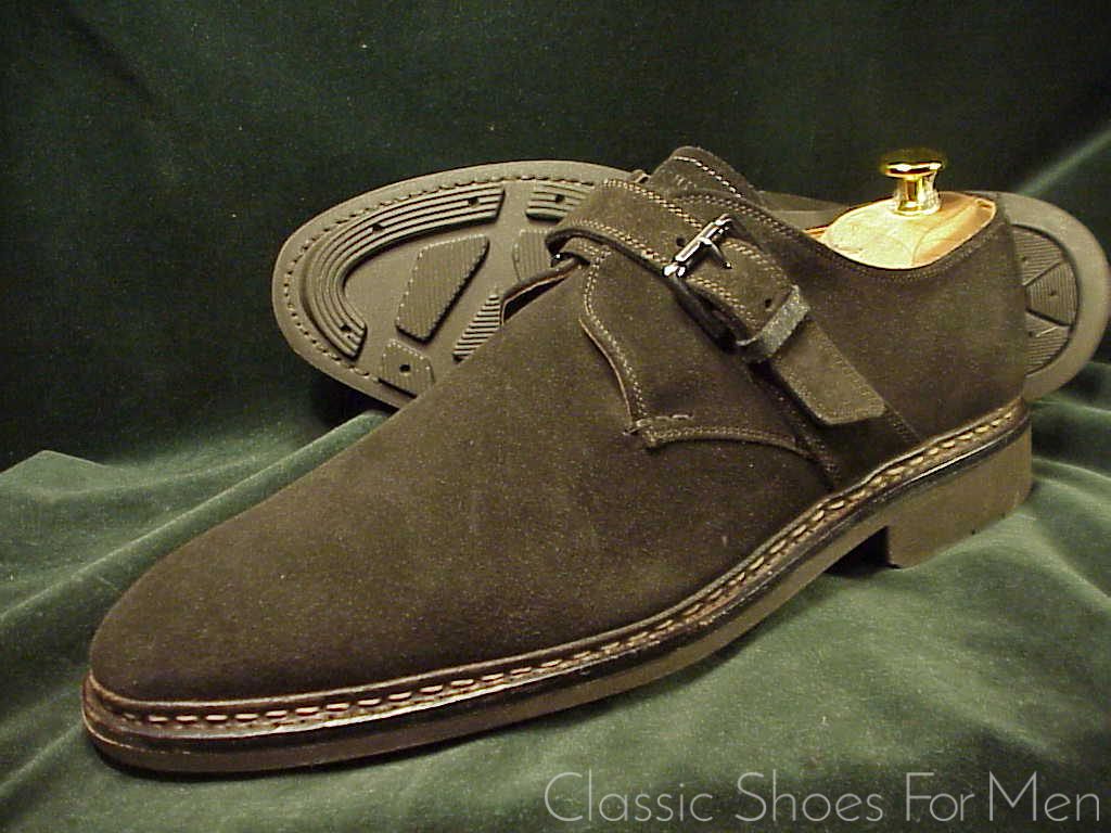 *NEW-HESCHUNG, France, Black Suede, All-Weather "Goiser" Saddle Monk Strap: 44.5-45D (US 11-11.5D)