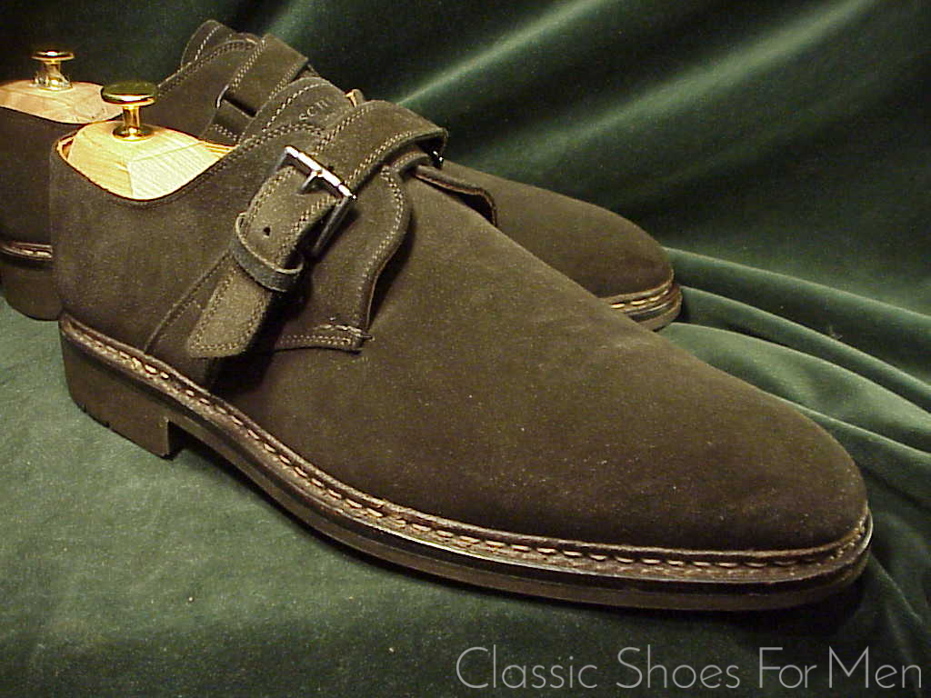 *NEW-HESCHUNG, France, Black Suede, All-Weather "Goiser" Saddle Monk Strap: 44.5-45D (US 11-11.5D) - Image 3